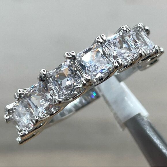 Rings Exquisite Princess Cut White Diamond CZ Half Eternity Silver Plated Ring